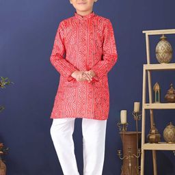 Pehanaava Boys Bandhani Printed Mandarin Collar Cotton Straight Kurta With Pyjama-53
