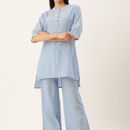 Clt.s Striped Mandarin Collar Pure Cotton Night Suit-image-25