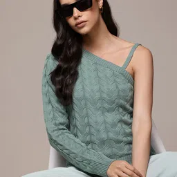 The Roadster Lifestyle Co. Cable Knit One Shoulder Pullover-image-91