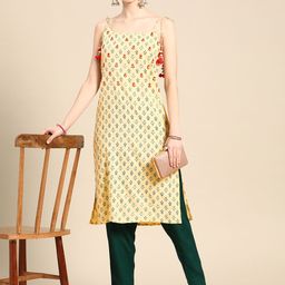 Sangria Women Yellow Floral Embroidered Sequinned Kurta with Trousers-image-53