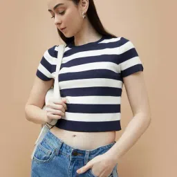 Ginger By Lifestyle Dark Blue Regular Fit Striped T-Shirt-image-37