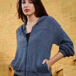 Campus Sutra Blue Regular Fit Self Pattern Hoodie-picture-8
