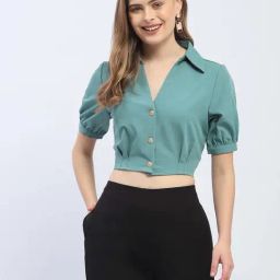 MADAME Green Regular Fit Crop Shirt-image-40