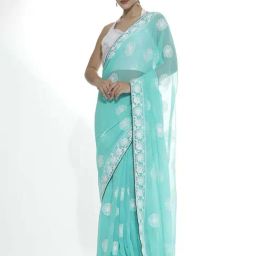 Jaipur Kurti Turquoise Embroidered Saree With Unstitched Blouse-image-35