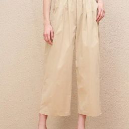 Iconic Beige Solid Paperbag Waistband Baggy Pants-image-80
