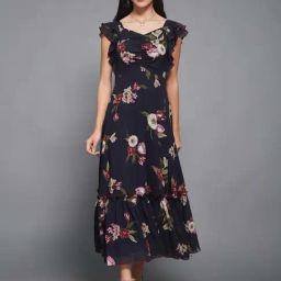 Miss Chase Multicolored Base Navy Blue Sweet Heart Sleeveless Floral Ruching Maxi Dress-image-15