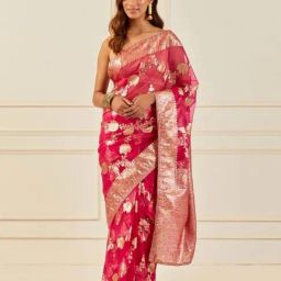 Geroo Jaipur Magenta Pink Handcrafted Zari Woven Organza Banarasi Saree-image-39