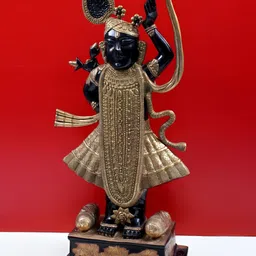 Exotic India Gold Toned & Black Shri Krishna Brass Religious Idol Showpiece-2