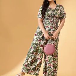 CURVE BY KASSUALLY Green & Beige Floral Print Top With Pants-39