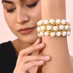 VOJ White and Gold Toned Perals Gold Plated Multi Strand Bracelet for Women-1
