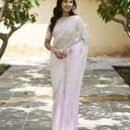 Geroo Jaipur Pastel Pink & Cream Organza Hand Embroidered Organza Saree-image-40