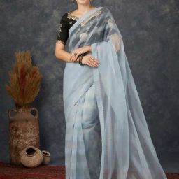 Satrani Steel Grey Woven Saree With Unstitched Blouse-image-68