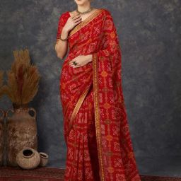 Satrani Red Bandhani Saree With Unstitched Blouse-image-38