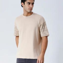 House Of RS Beige Oversized Fit Printed Oversized T-Shirt-image-31