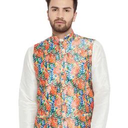 Sojanya Orange & Blue Printed Mandarin Collar Nehru Jacket-image-16
