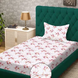 KLOTTHE White Floral Printed 300TC Fitted Single Bedsheet Set 2.25m x 1.50 m-image-97