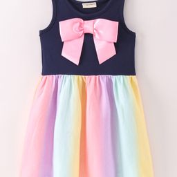 CrayonFlakes Unicorn Theme Sleeveless Bow Emebllished Bodice With Striped Patterned Colour Gradient Tie & Dyed Fit & Flare Dress - Blue-6