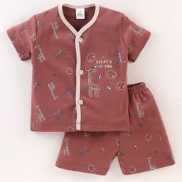 Mini Donuts 100% Cotton Knit Half Sleeves Night Suit Giraffe & Lion Print - Brown-image-92