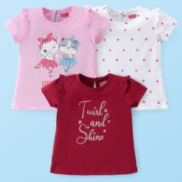 Babyhug Cotton Knit Half Sleeves Kitty Print T-Shirts Pack of 3 - Pink Maroon & White-image-28