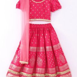 Saka Designs Rayon Woven Half Sleeves Choli Lahenga Dupatta Set With Foil Print - Dark Peach & Gold-image-90