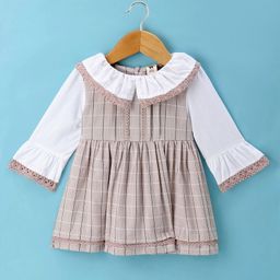 ToffyHouse 100% Woven Cotton Yarn Dyed Full Sleeves Frock With Checks & Lace Detailing - Tan & White-image-75