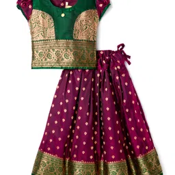 Bhartiya Paridhan Silk Woven Half Puffed Sleeves Floral Embroidered Choli Lehenga Set - Purple & Green-picture-32