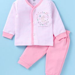 Zero Interlock Full Sleeves Front Open Night Suit With Stripes & Bunny Print - Light Pink-picture-4