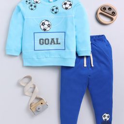 Little Ninja Cotton Full Sleeves Foot Ball Printed Tee & Track Pant Set - Sky Blue-image-85
