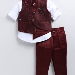 LITTLE COLLARS Jacquard Full Sleeves Solid Shirt With Foil Leaves Printed Coordinating Waistcoat & Trouser Set - Maroon-image-64