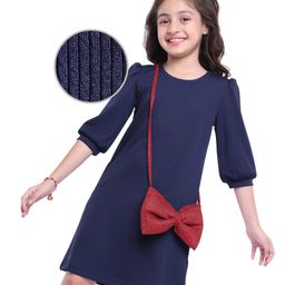 Hola BonitaKnit Three Fourth Puffed Sleeves Solid In Rib Dress with Sling - Navy Blue-image-103