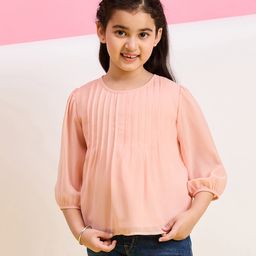 Stylo Bug Three Fourth Puffed Sleeves Solid Pleated Top - Pink-picture-10
