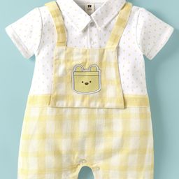 ToffyHouse Cotton Knit Half Sleeves Checks Romper With Floral Print - Lemon Yellow & White-image-57