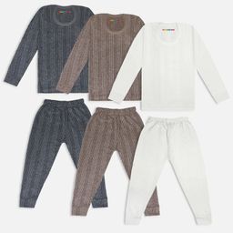 Trampoline Pack Of 3 Full Sleeves Striped Thermal Sets - Grey White & Brown-image-69