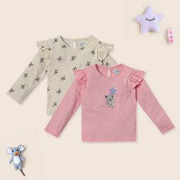 Nauti Nati Cotton Pack of 2 Full Sleeves Koala Bear & Typography Printed Tops - Pink-image-81