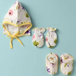 OHMS Single Jersey Knit Cap Mitten & Booties With Floral Print White & Yellow - Diameter 10.5 cm-15