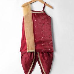 Saka Designs Woven Sleeveless Kurti Dhoti & Dupatta Set with Floral Sequin Embroidery & Lace Detailing - Maroon & Gold-image-35
