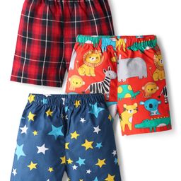 Babyhug Cotton Woven Above Knee Length Boxers with Checked Animal & Star Print Pack of 3 - Red & Blue-image-20