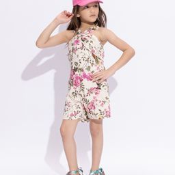 Taffykids Cotton Blend Sleeveless Floral & Birds Printed Jumpsuit - Beige & Multi Colour-image-3