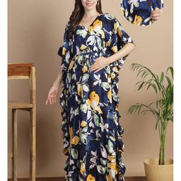 Secret Wish Rayon Woven Half Batwing Sleeves Leaves Printed Maternity Kaftan Nighty With Side Seam Nursing Access - Navy Blue-image-88