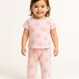 JusCubs Cotton Knit Half Sleeves Flower Printed Coordinating Night Suit Set - Pink-image-68