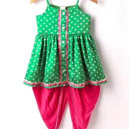 Saka Designs Woven Sleeveless Kurti Patiala Set with Bandhani Print & Lace Detailing - Green & Dark Pink-picture-49