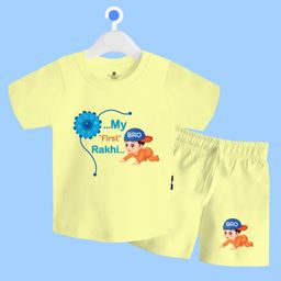 The Peppy Tend 100% Cotton Knit Raksha Bandhan Theme Half Sleeves My First Rakhi Text Printed Tee & Coordinating Shorts Set - Yellow-image-34