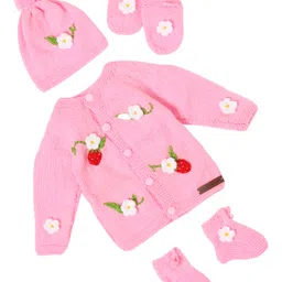 The Original Knit Full Sleeves Floral Embroidered Sweater With Cap Mittens & Socks Set - Pink-picture-33