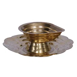 Exotic India Gold Toned Brass Diya With Attached Thali-image-16