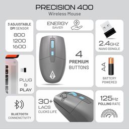 Archer Tech Lab Precision 400 Wireless Mouse, Dual Mode Bluetooth 5.2/2.4GHz USB Nano Dongle, 3 DPI Settings (800-1200-1600), Ergonomic Design, 3 Million Clicks Lifetime, 10M Range Lightweight 64gm image 2
