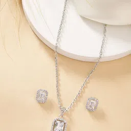ZENEME Rhodium Plated AD Studded Luxe Sparkle Princess Cut Necklace and Earrings-46