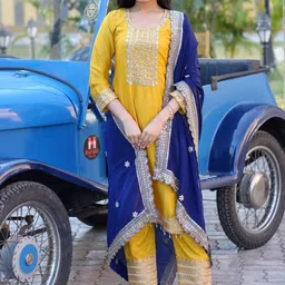 FVD Embroidered Sequinned Chanderi Silk Kurta With Trousers And Dupatta-image-29
