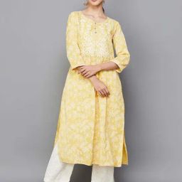 Melange by Lifestyle Yellow Cotton Floral Print Straight Kurta-picture-24