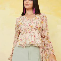 Styli Beige Floral Print Peplum Top-image-59