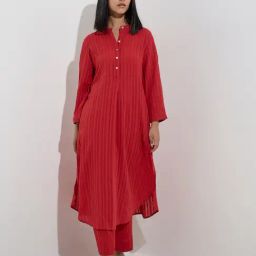 Utsa by Westside Red Self-Striped Cotton A-Line Kurta-image-14